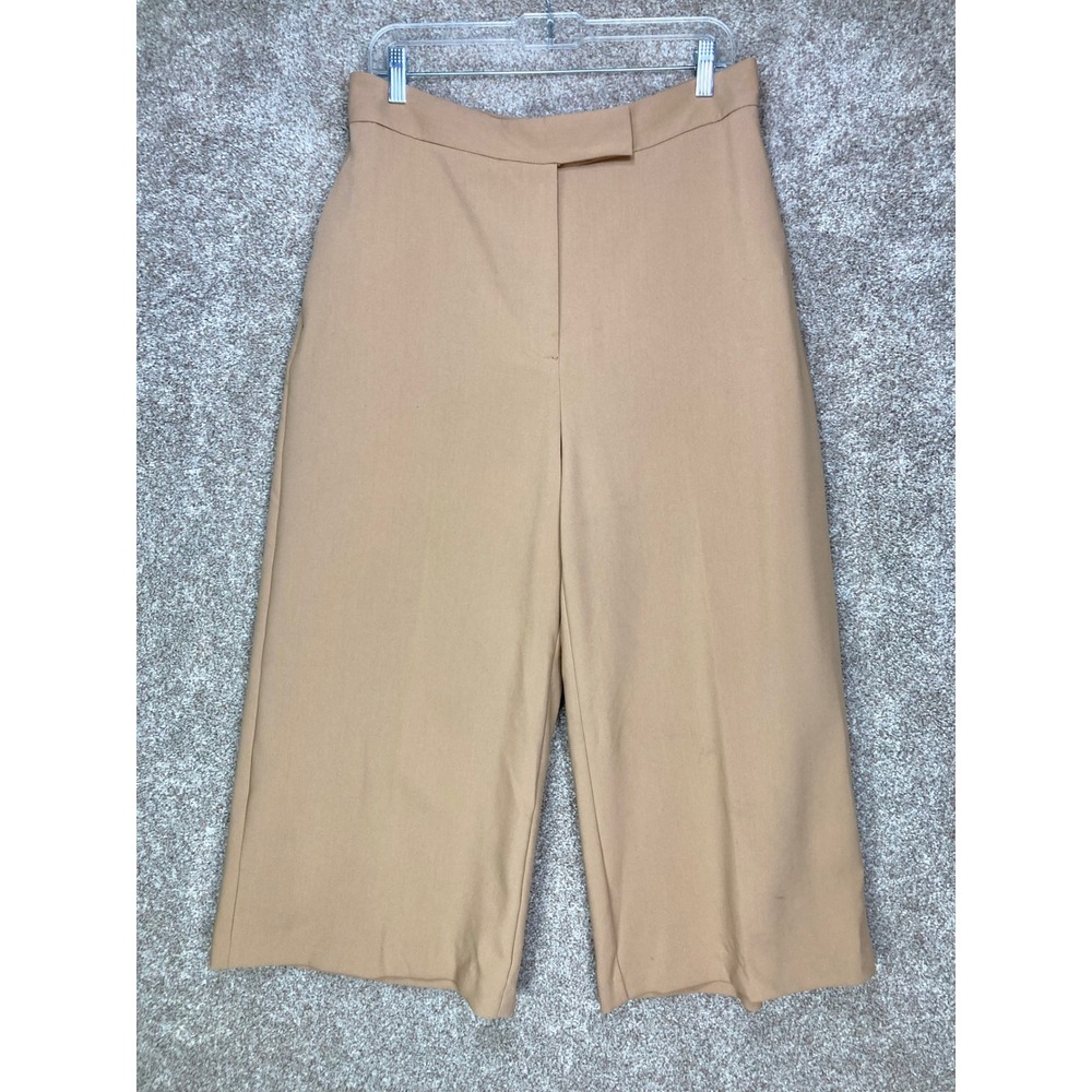 Zara High Waisted Wide Leg Crop Pants Womens Sz XL Tan Camel Stretch Office Work